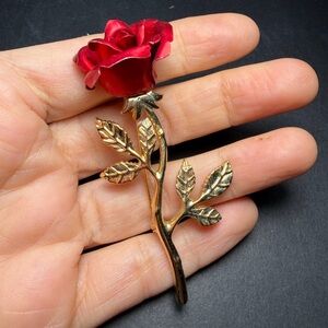 Vintage Red Enamel Long Stem Rose Brooch Pin